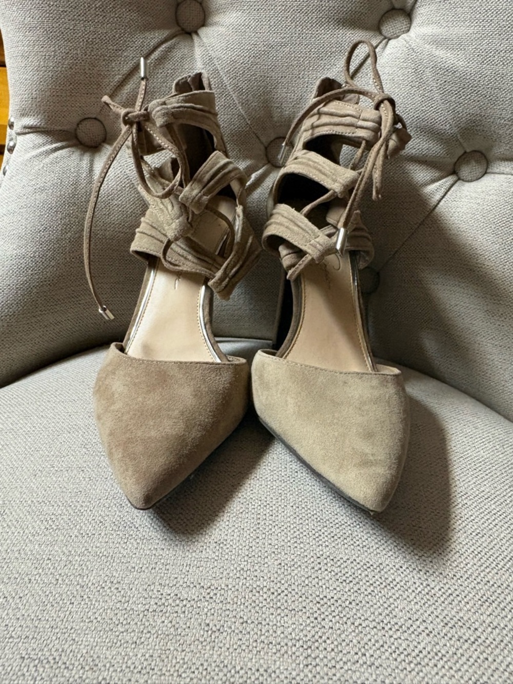 Jessica Simpson Pointed-Toe Suede Lace-Up Heels in Taupe - Picture 5 of 11